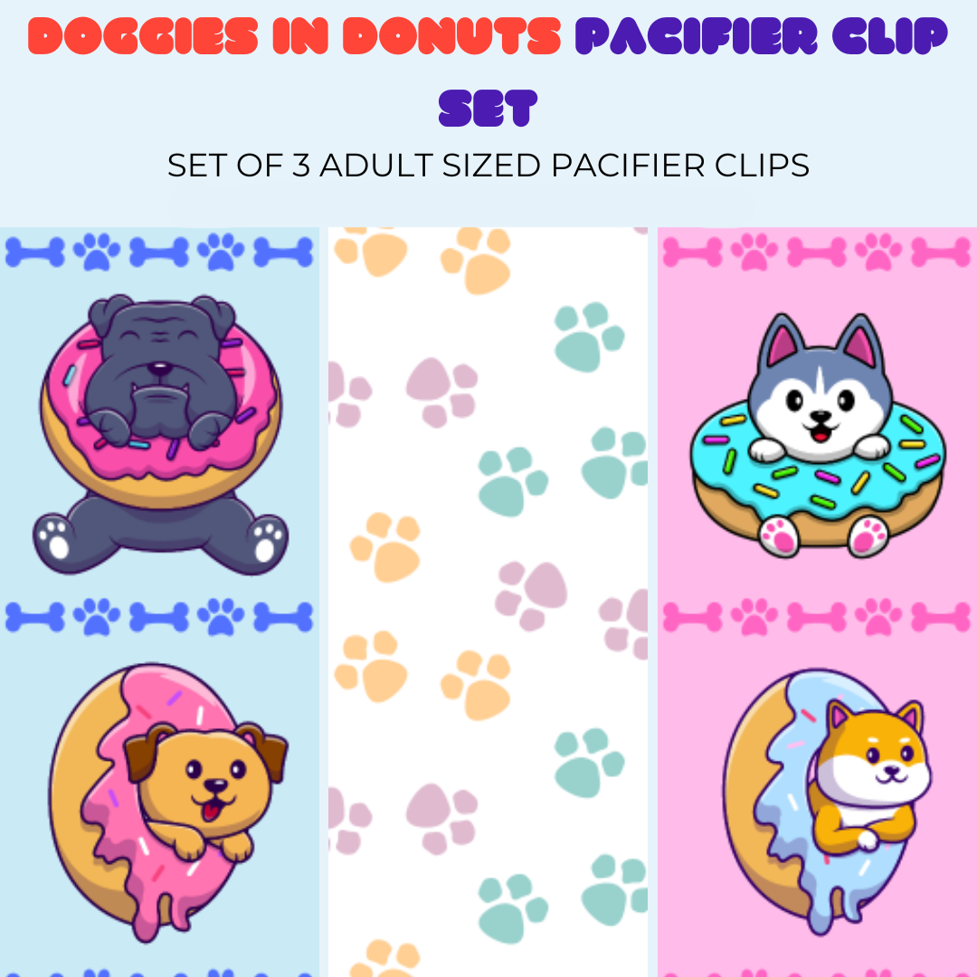 Doggies in Donuts Adult Pacifier Clip Set